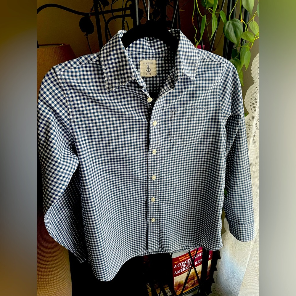 Lands End Kids Navy Gingham Button Down Shirt